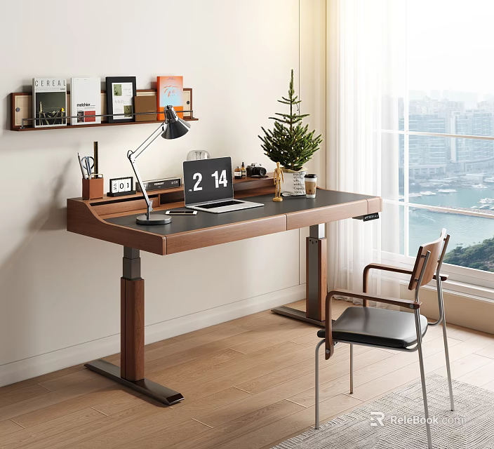 Modern Wooden Desk by Window with City Sea View Desk Lamp Notebook Green Plant Clock 3d model 