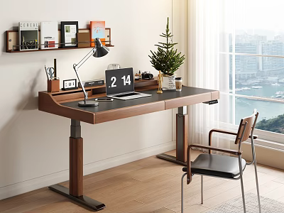 Modern Wooden Desk by Window with City Sea View Desk Lamp Notebook Green Plant Clock 3d model