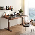 Modern Wooden Desk by Window with City Sea View Desk Lamp Notebook Green Plant Clock