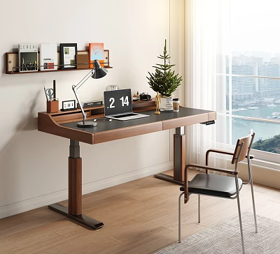 Modern Wooden Desk by Window with City Sea View Desk Lamp Notebook Green Plant Clock 3d model