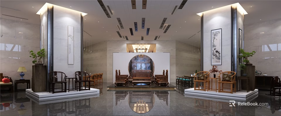 Chinese Traditional Interior With Wooden Furniture Round Arch Wall Paintings And Marble Floor 3d model 