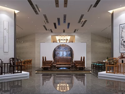 Chinese Traditional Interior With Wooden Furniture Round Arch Wall Paintings And Marble Floor 3d model