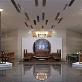 Chinese Traditional Interior With Wooden Furniture Round Arch Wall Paintings And Marble Floor