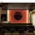 Modern Japanese Restaurant Interior With Marble Counter Seating And Decorative Panel