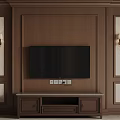 Paneled Dark Brown Wooden TV Wall Design With Wall Sconces And TV Stand