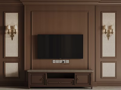 Paneled Dark Brown Wooden TV Wall Design With Wall Sconces And TV Stand 3d model