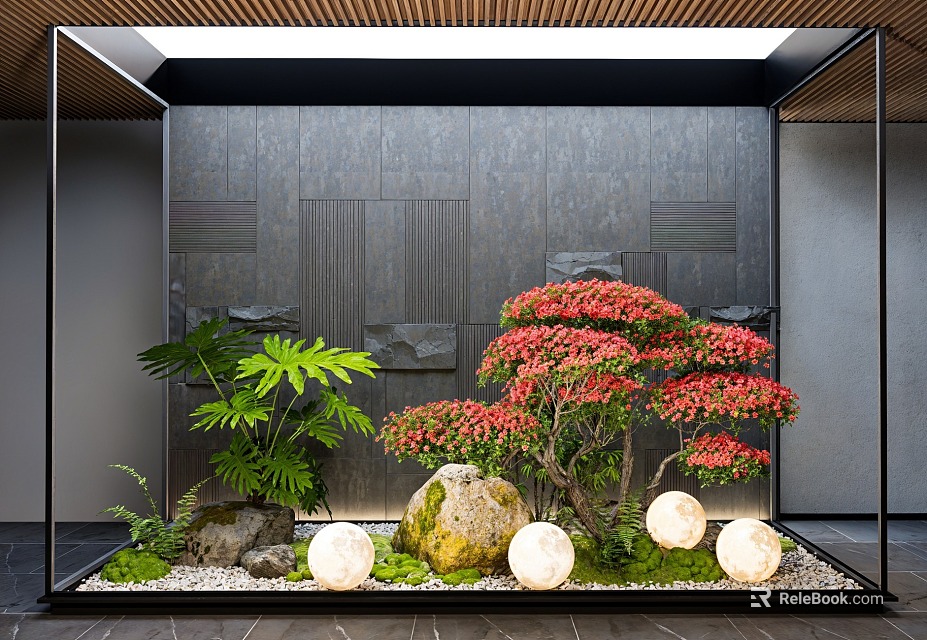 Modern Courtyard Garden Featuring Dark Wall Green Plants Red Flowering Tree Stones Round Lights Gravel 3d model 