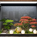 Modern Courtyard Garden Featuring Dark Wall Green Plants Red Flowering Tree Stones Round Lights Gravel