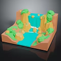 3D Terrain Model Featuring Waterfall River And Green Vegetation On Hills 3d model