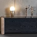 Modern Wooden TV Stand With Table Lamp Figurines Vase And Abstract Wall Art