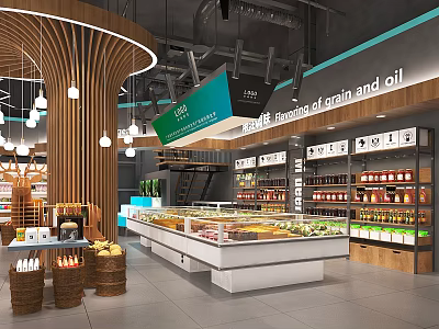 Modern Supermarket Interior With Fruit Vegetable Sections Grain Oil Green Signage And Wooden Decor 3d model