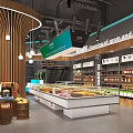 Modern Supermarket Interior With Fruit Vegetable Sections Grain Oil Green Signage And Wooden Decor