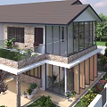 Modern Two Story Detached Villa Exterior With Large Glass Windows Balcony Stone Wood And Flowers