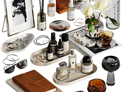 Elegant Decorative Ornament Set Including Photo Frame Perfume Bottles Earrings Flower Vase Candle Trays Notebook 3d model
