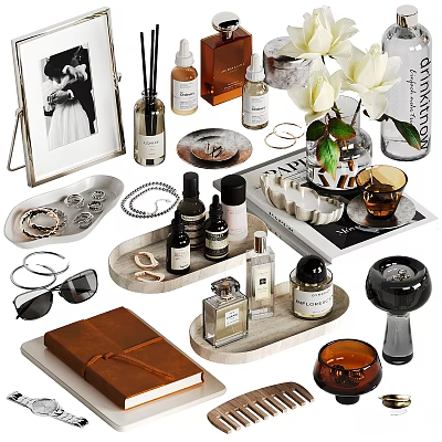Elegant Decorative Ornament Set Including Photo Frame Perfume Bottles Earrings Flower Vase Candle Trays Notebook 3d model