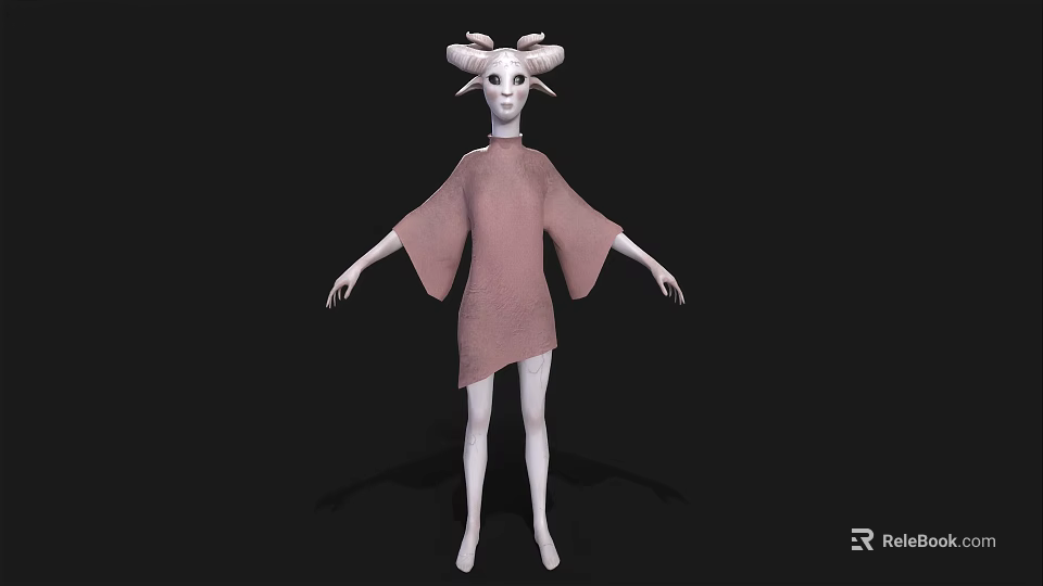 Game and Movie Character with Ram Horns White Skin Pink Asymmetric Dress on Black Background 3d model 