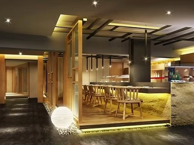 Modern Restaurant Interior With Wooden Partitions Bar Counter Chairs And Ambient Lighting 3d model