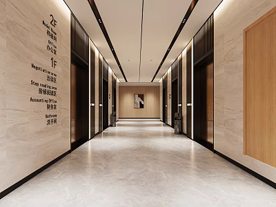 Modern Elevator Hallway With Marble Walls Directional Signage Recessed Lighting And Polished Floor 3d model
