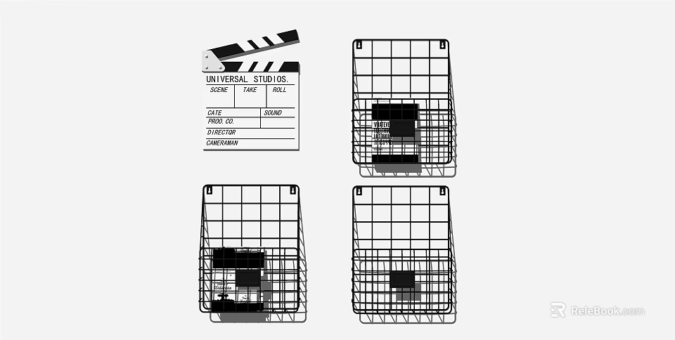 Four Wall Cabinets Featuring Grid Design And Black Internal Items 3d model 