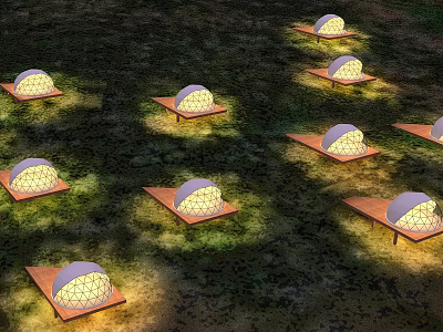 Multiple Dome Shaped Guesthouses Lit Up On Grassland Natural Setting 3d model
