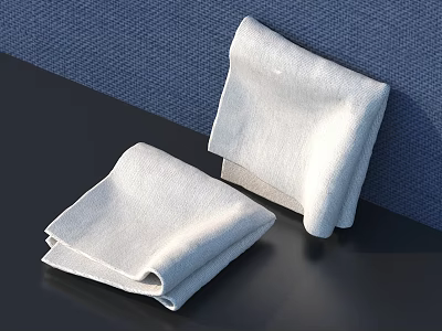 Two Soft White Towels Folded on Black Tabletop with Blue Background 3d model