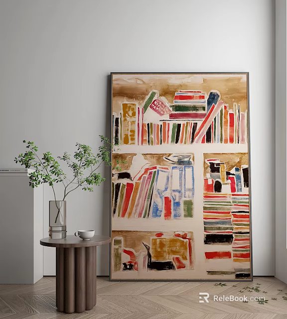 Colorful Abstract Painting On Wall With Vase Plant And Small Table Decor 3d model 
