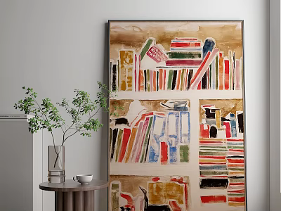 Colorful Abstract Painting On Wall With Vase Plant And Small Table Decor 3d model