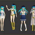 Four Teal Haired Game and Movie Characters in Different Outfits