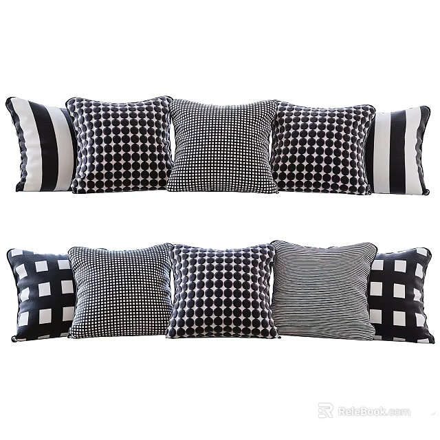 Black and White Decorative Throw Pillows with Geometric Striped and Checkerboard Patterns 3d model 