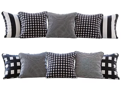 Black and White Decorative Throw Pillows with Geometric Striped and Checkerboard Patterns 3d model