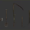 Vintage Farming Tools Collection Featuring Sickle Axe Shovel Hoe and Fork with Wooden Handles