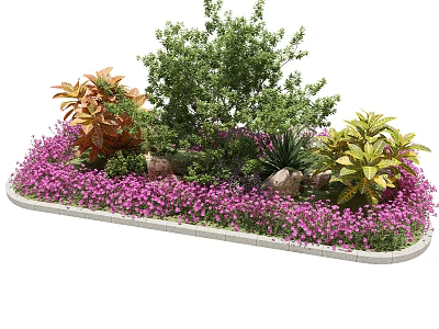 Roadside Decorative Flower Bed Featuring Purple Flowers Green Trees Red Leaves Gray Border And Stones 3d model