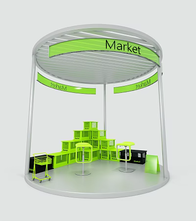 Modern Market Specialty Store with Green Shelves Shopping Cart and Stools 3d model