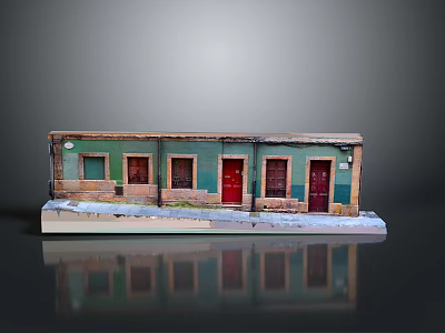 Miniature Street Scene Model With Green Walls Red Doors And Snowy Base 3d model