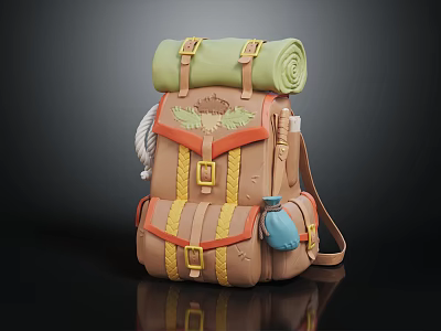 Outdoor Adventure Backpack With Brown Yellow Straps Green Roll And Blue Flask 3d model