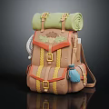 Outdoor Adventure Backpack With Brown Yellow Straps Green Roll And Blue Flask