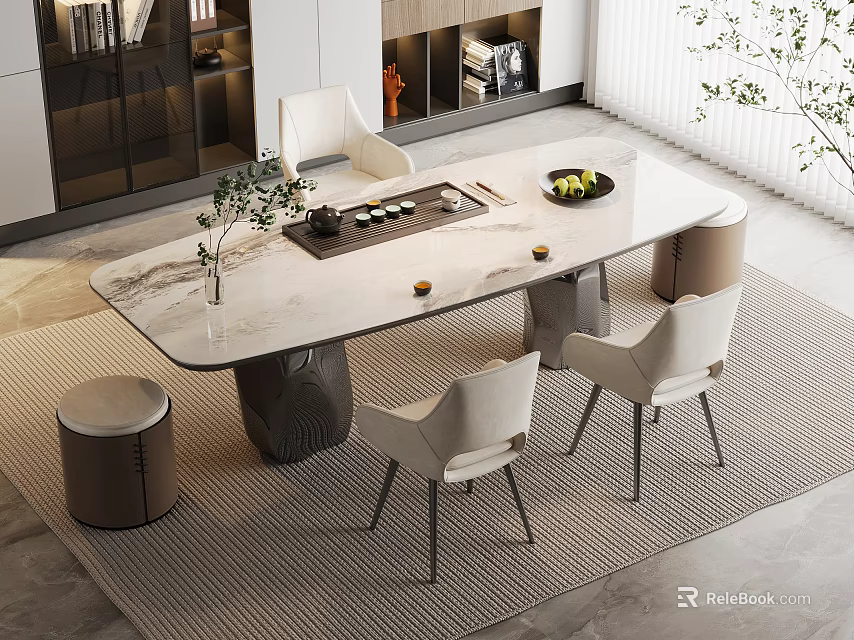 Elegant Modern Tea Room Interior With Marble Top Tea Table And Light Colored Chairs 3d model