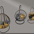 Modern Hanging Chairs with Rattan Metal Frame and Yellow Gray White Cushions