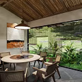 Outdoor Restaurant Patio With Wooden Tables Benches Greenery Trees Clay Pots White Building Lantern Lights