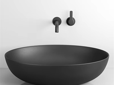Black Round Modern Minimalist Washbasin With Wall Mounted Faucet And Knobs 3d model