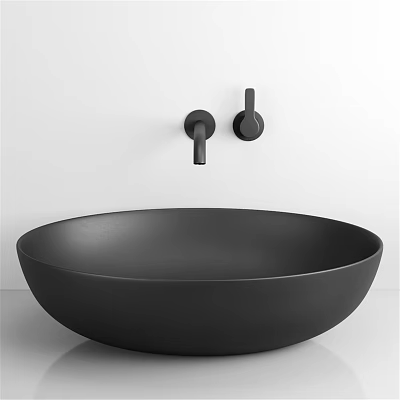 Black Round Modern Minimalist Washbasin With Wall Mounted Faucet And Knobs 3d model
