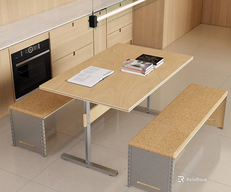 Light Wood Table And Bench Set With Cork Padded Seats And Metal Frame 3d model 