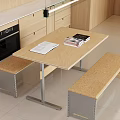 Light Wood Table And Bench Set With Cork Padded Seats And Metal Frame