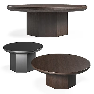 Round Coffee Tables With Wooden And Metal Frames In Dark Brown And Black 3d model