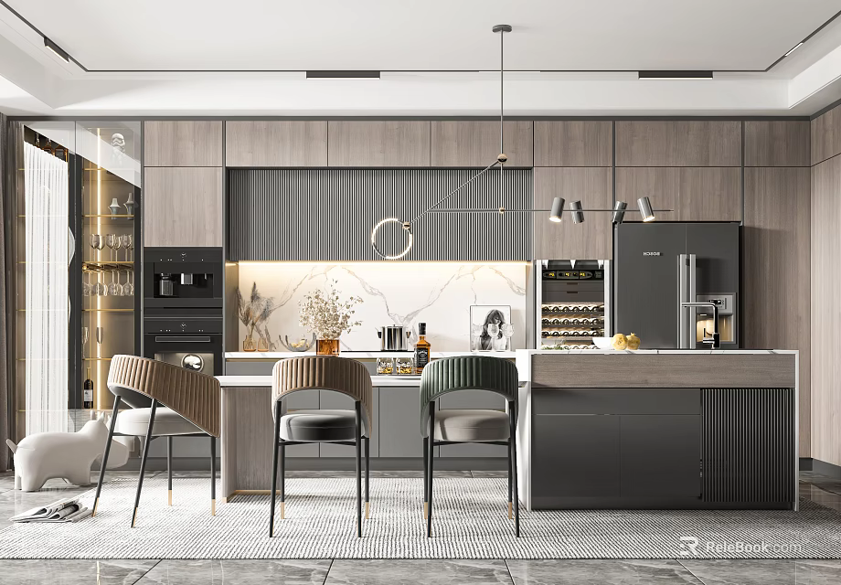 Modern Kitchen Interior Design With Island Counter Cabinets Counter Chairs And Pendant Lights 3d model 