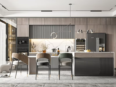 Modern Kitchen Interior Design With Island Counter Cabinets Counter Chairs And Pendant Lights 3d model