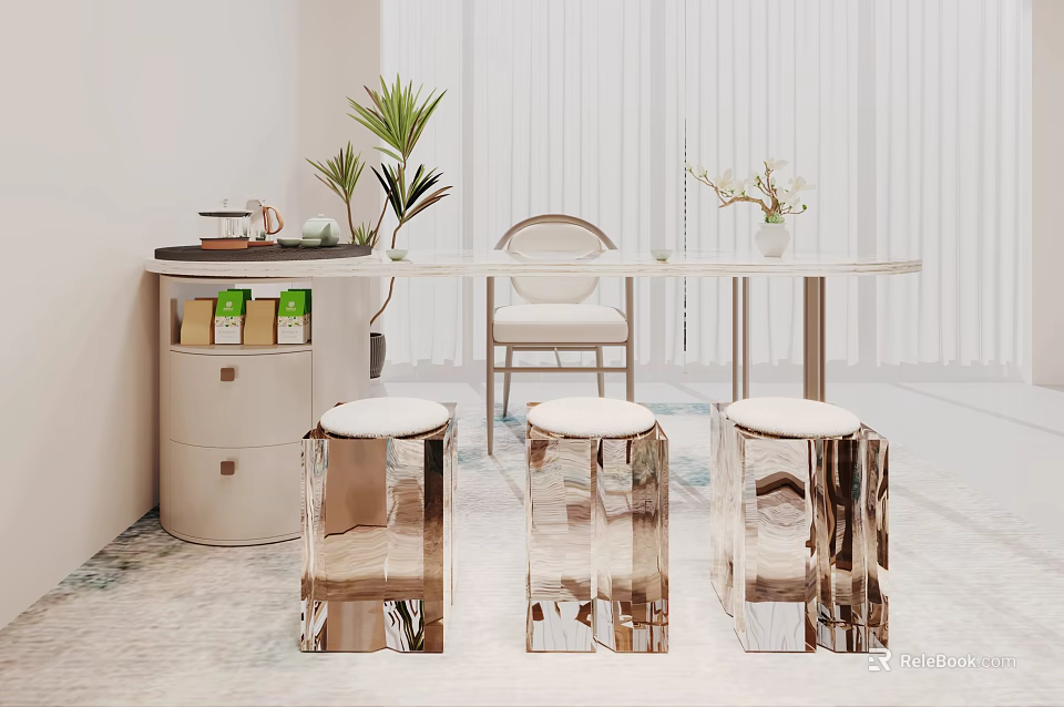 Modern Tea Table And Chairs With Transparent Stools And Green Plants Decor 3d model 