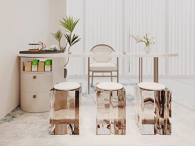 Modern Tea Table And Chairs With Transparent Stools And Green Plants Decor 3d model