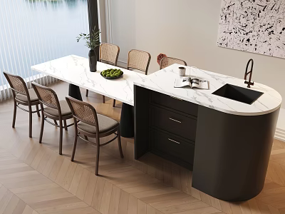 Modern Dining Table Set With Marble Countertop Six Chairs Black Drawers And Potted Plant 3d model