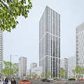 Modern High Rise Office Building with Glass Facade in Urban Skyline Surrounded by Buildings
